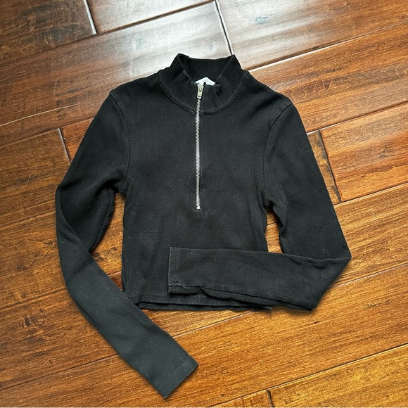 Zara Black Ribbed Half-Zip Mock Neck Long Sleeve Crop Top - Picture 3 of 7